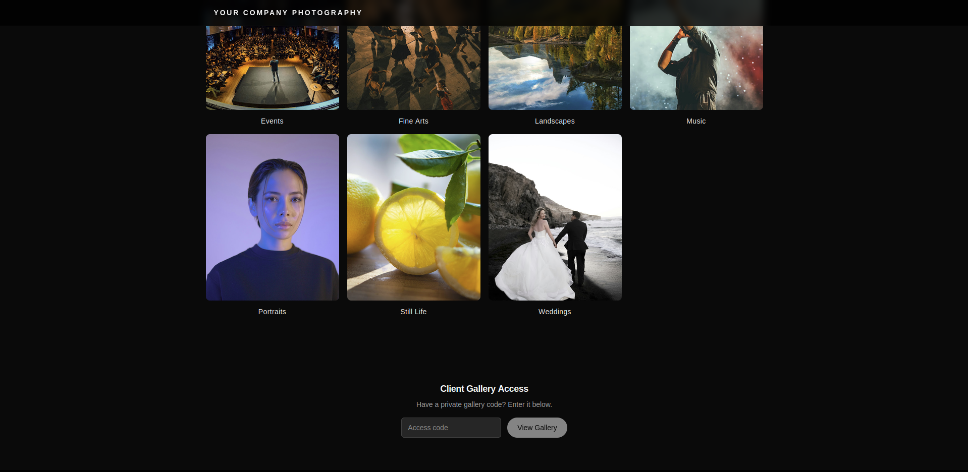 Client gallery access code entry screen